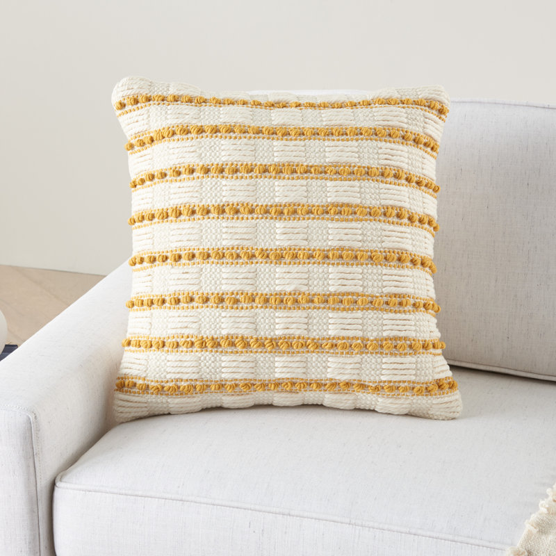 18" Yellow and Ivory Woven Cotton Square Throw Pillow