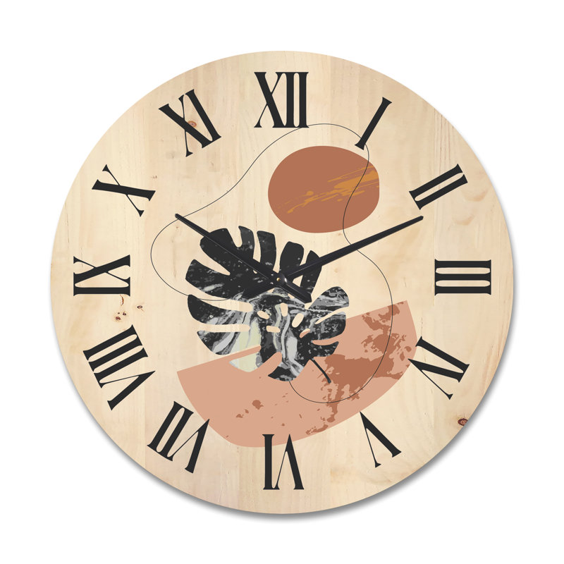 Horloge murale en bois à formes abstraites et feuilles de Monstera tropicales, Très grand