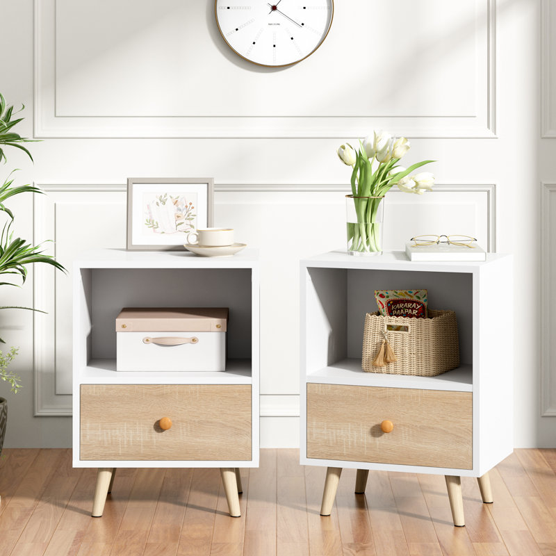 Nightstands Set of 2, Night Stand with Drawer and Open Storage Shelf, Bedside Tables with Solid Wood Legs, End Table, Side Table for Bedroom