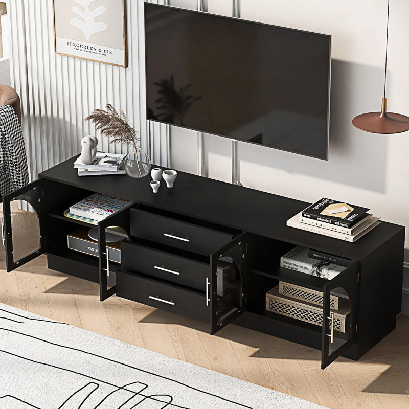 Meuble télé moderne et minimaliste, meuble multimédia avec tablettes réglables et console de télévision, Noir