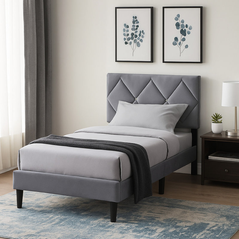 Griseldis Upholstered Unfinished Slat Bed, Gray, Twin