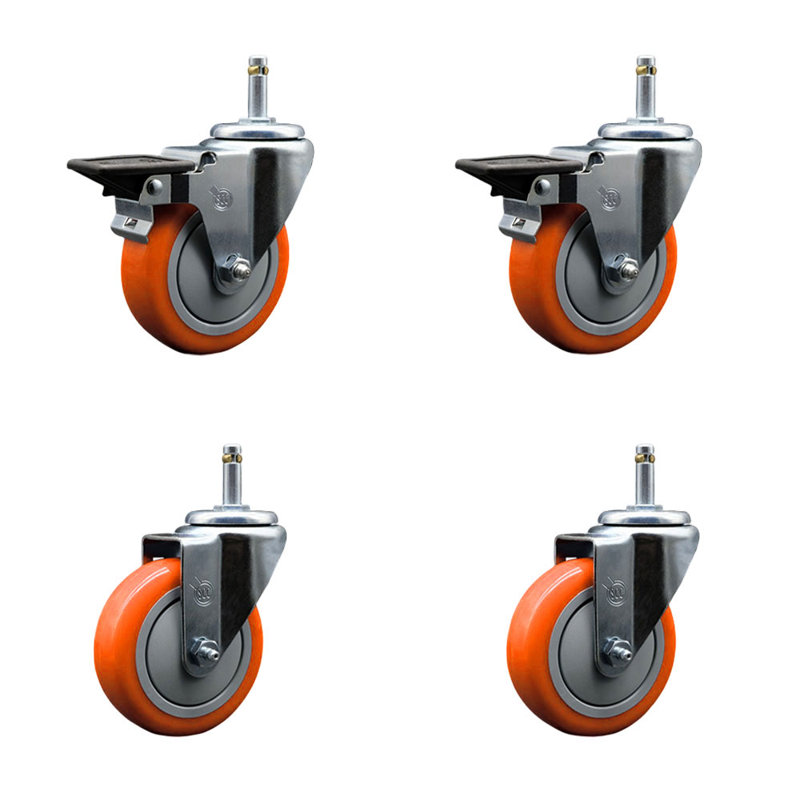 Poly Wheel Swivel Grip Ring Stem Caster Set 2 Brakes, Orange