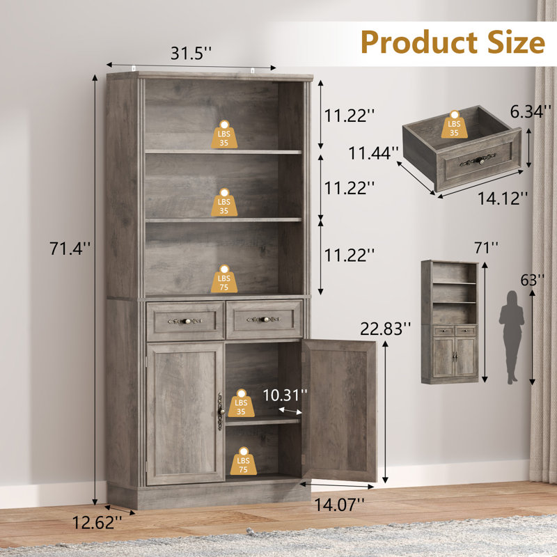 71.4" Tall Modern Bookcase with 2 Doors and 2 Drawers, Book Cabinet Storage with Vintage Handles for Living Room, Bedroom, Home Office
