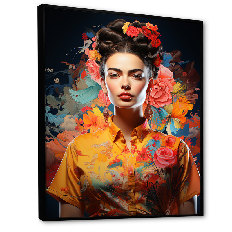 Portrait d'une muse mexicaine jaune - art mural femme mexicaine, Cadre flottant noir, H 32 po x l 24 po