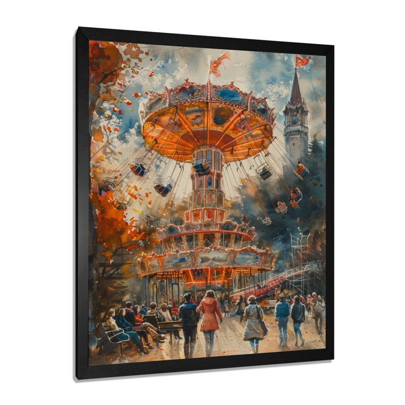  «Yellow Gray Vintage Carousel Amusement Parks II - Amusement Parks Wall Art Living Room, Cadre photo noir, H 24 po x l 32 po