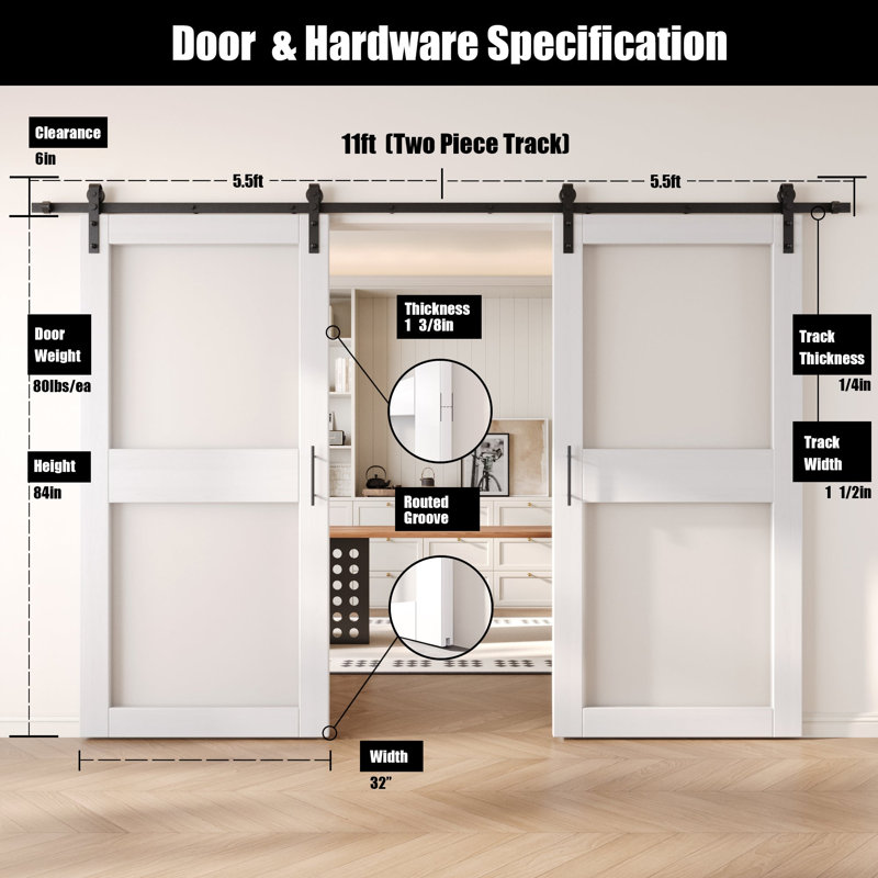 Portes de grange non assemblées et finies en verre à 2 verres de 32 po x 84 po Homquer, 32 po x 84 po