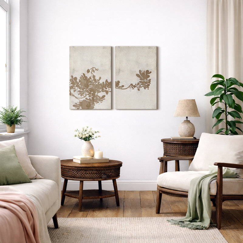 «Leaves», art brun neutre brun clair patiné, photos murales minimalistes classiques, ensemble de 2 impressions murales sur toile, 16 x 24 x 2, 24 x 36 x 2