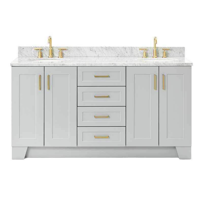 Nobe 66'' Solid Wood Double Bathroom Vanity with 0.75'' Carrara Marble Top, Sinks, Gray, Oval 