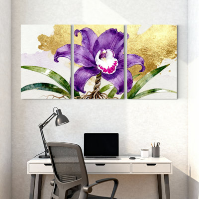 Ensemble de 3 tableaux à l'aquarelle représentant une orchidée violette, sur toile tendue.