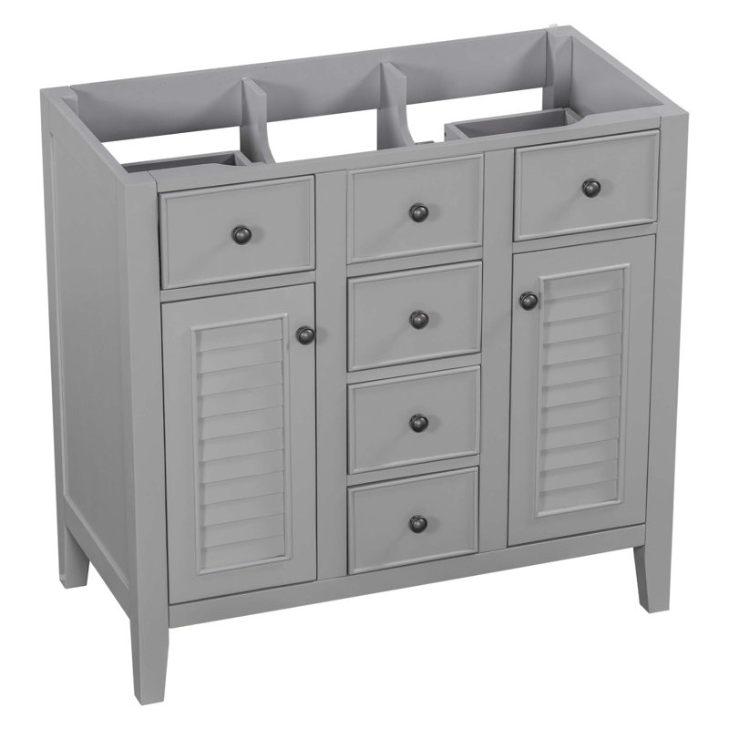 36" Bathroom Vanity Without Sink, Cabinet Base Only, Two Cabinets And Five Drawers, Solid Wood Frame