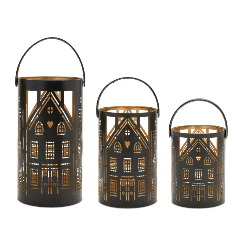 Lanterne de maison en métal perforé, Noir, H 6,75 po x l 5 po x P 5 po