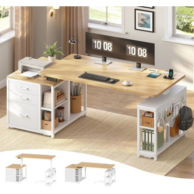 Bureau pour travailler debout électrique réglable en hauteur de 61 po, bureau d'ordinateur avec 3 tiroirs, 3 préréglages de mémoire, prises de courant et rangement, bureau personnel assis-debout, naturel / blanc