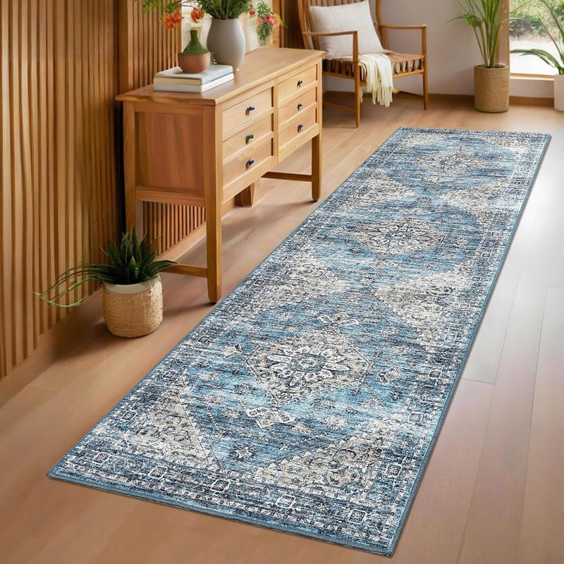 Washable Rugs Area Rugs for Living Room, Vintage Blue Floral Bedroom Rugs Indoor Accent Large Carpet Table Soft Non Slip Retro Floor Cover