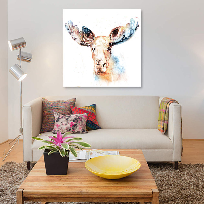 «Watercolor Moose», reproduction sur toile, H 37 po x l 37 po x P 1,5 po, Toile tendue, Pas de tapis
