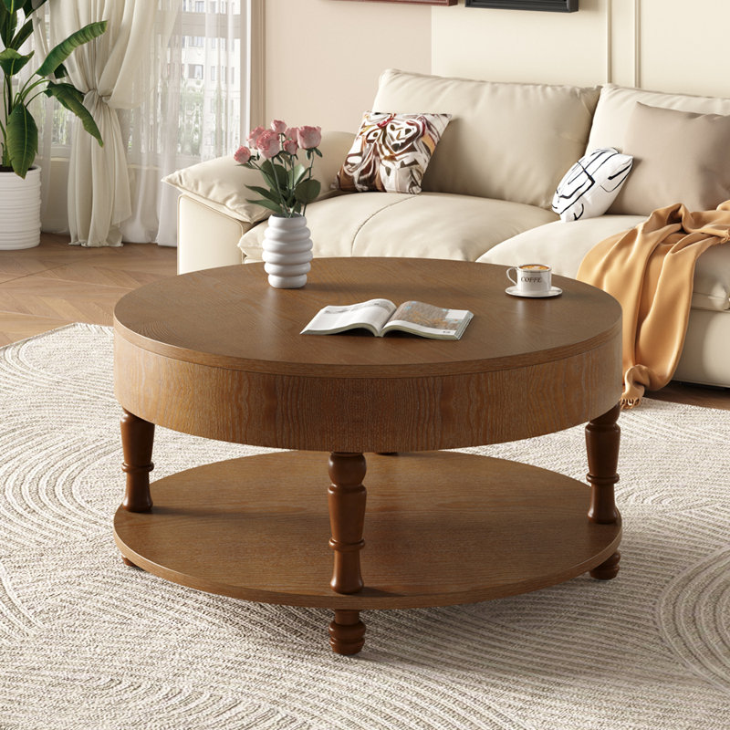 Table basse ronde moderne avec compartiment caché, tablette ouverte et pieds réglables, Noyer brun