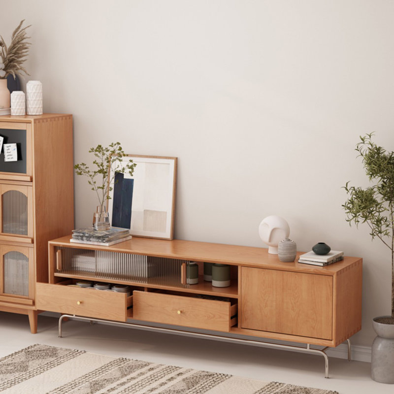 Meuble télé moderne en bois massif de couleur cerisier, H 22,83 po x L 70,87 po x l 15,75 po