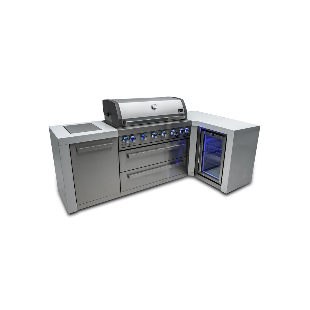 Mont Alpi 805 6 Burner 115000 BTU MAi805-D90FC L-shaped Stainless Steel Deluxe Modular Outdoor Kitchen Island Grill + Fridge Cabinet, 2 Infrared Burners, Granite Countertops, Rotisserie, Weather Cover Mont Alpi