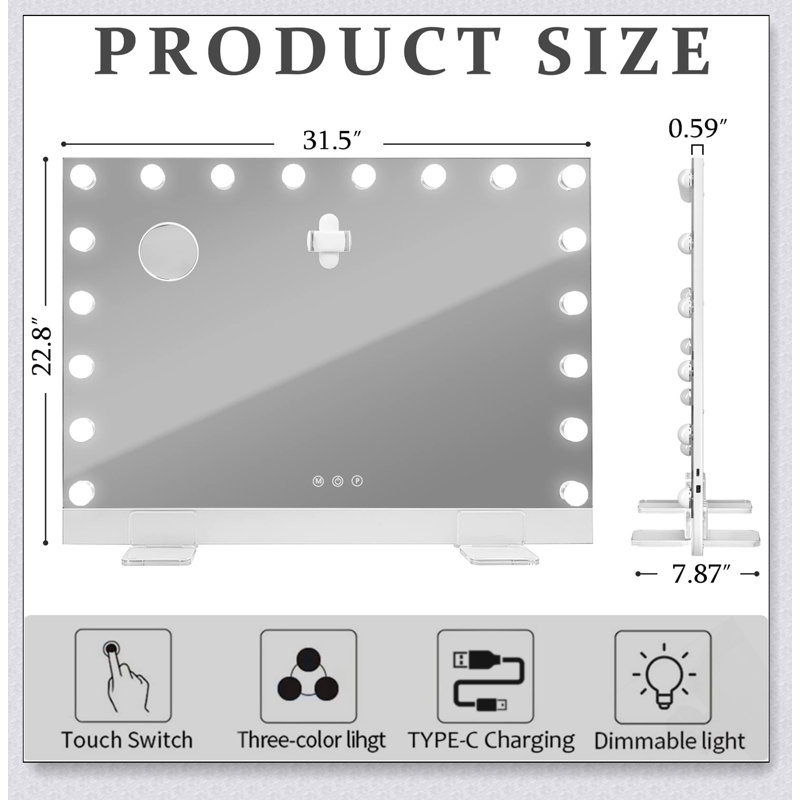 Miroir de salle de bain 31,5 x 22,8 pouces avec 18 ampoules DEL, cadre ultra-mince et support de téléphone magnétique pour maquillage et fixation murale