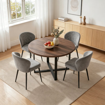 43.3" Round Extendable Dining Table Set For 4, Mid-century Modern Walnut Finish Mdf Kitchen Table With Cross Base & Upholstered Chairs, Space-saving D