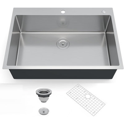 Topmount Single Bowl Kitchen Sink, Brushed Stainless Steel with Drain & Protective Grid, No Ledge, Heavy-Duty for Family Kitchens