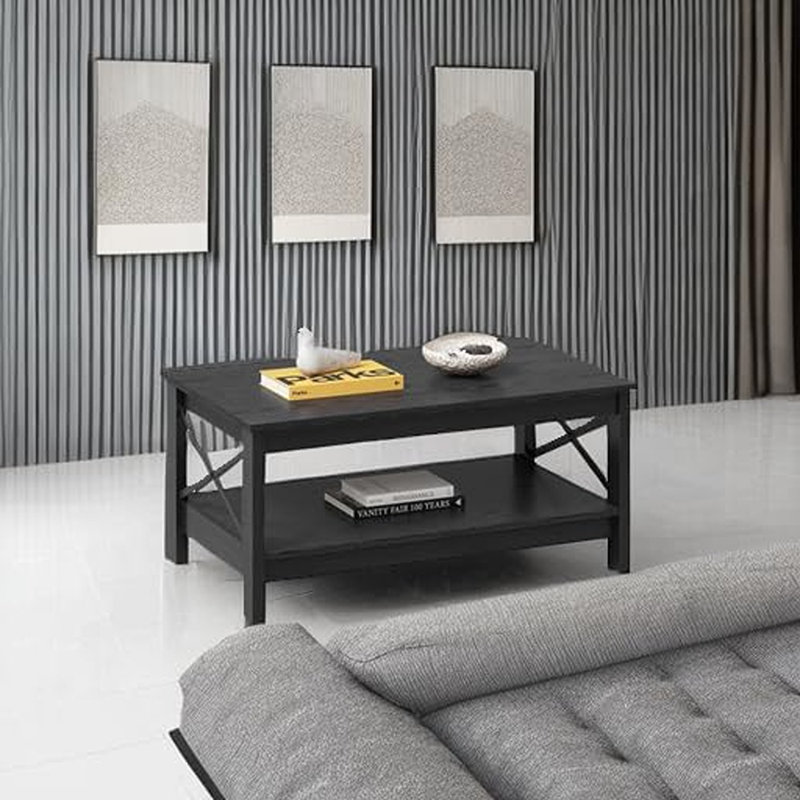 Table basse pour le salon, table basse de style campagnard moderne avec rangement, table centrale à 2 niveaux pour le salon, table de salon en bois avec cadre robuste, noir