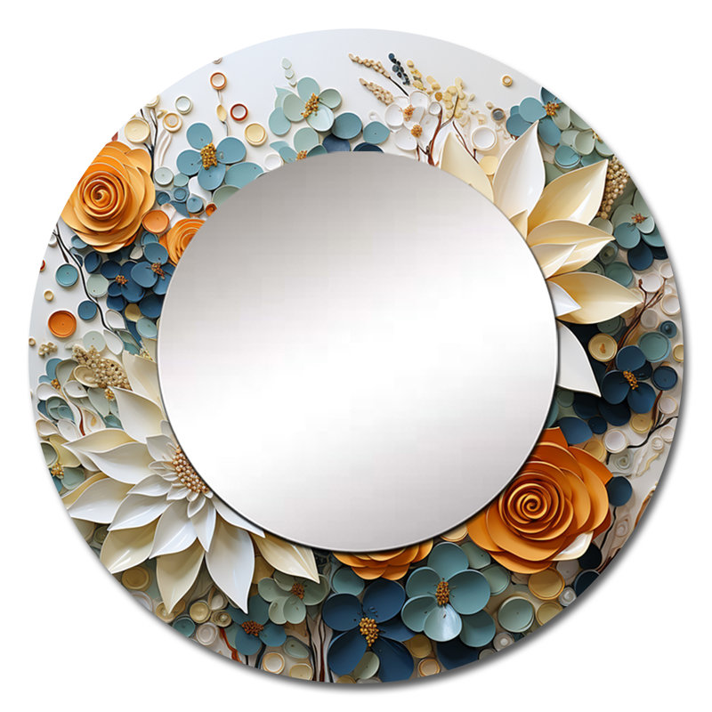 White Succulents Flowers Serene Succulents - Succulent Decorative Wall Mirror, White Round Mirror, Printed Metal Art