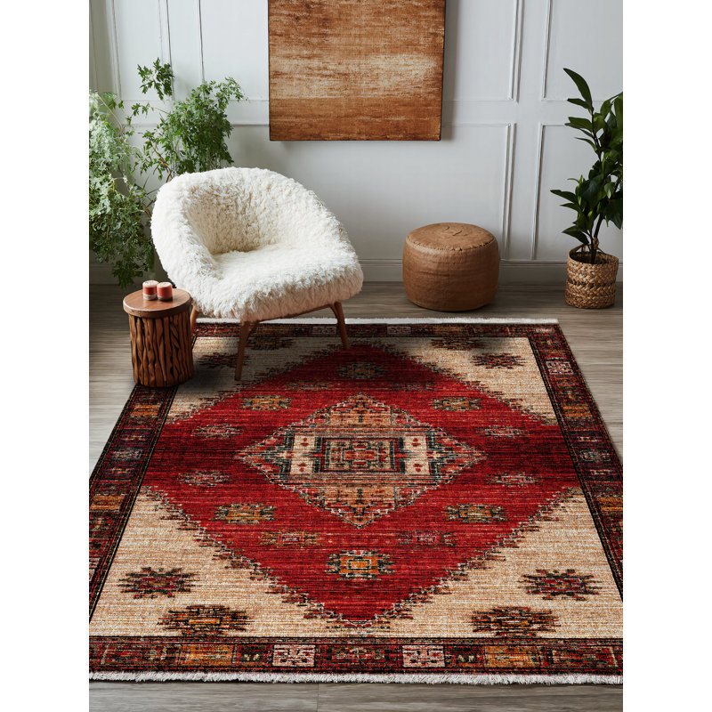 Strawbridge Red Beige Brown Moroccan Machine Printed Cotton Polyester Area Rug, Runner 6'7" x 14'10"
