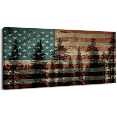 Patriotic Wall Art, American Flag Wall Art, 4th of July Wall Decor for Living Room, Rustic Forest Americana Wall Decor, Patriotic Canvas Art Ready to Hang 12" × 24"