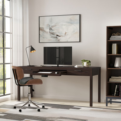 Hollander 72"W Solid Wood Wide Desk, Contemporary Style with Keyboard Tray and 2 Side Drawers