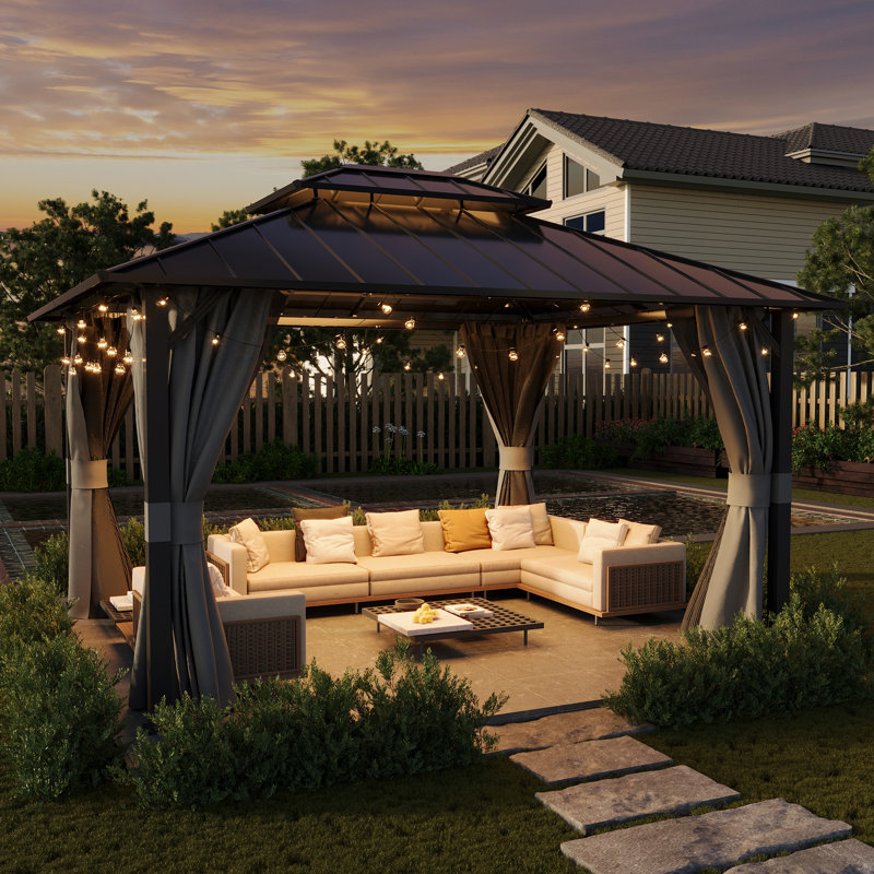 Pavillon de jardin d'extérieur à toit rigide en aluminium avec structure en aluminium, filet et rideaux, Gris