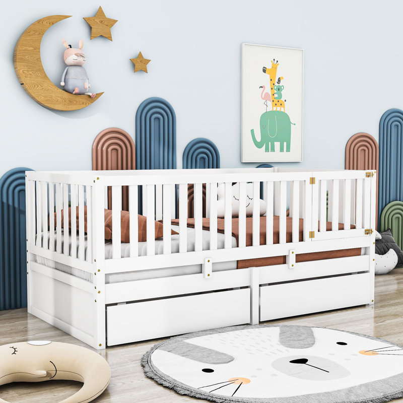 Wood 2 Drawers Floor Bed with Guardrails, Twin, White