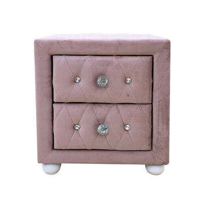 Fabric Upholstered Pink Nightstand - 2 Drawers, Engineered Hardwood Frame, Pulls, White Legs Drawer In Tropical Wood Inside,