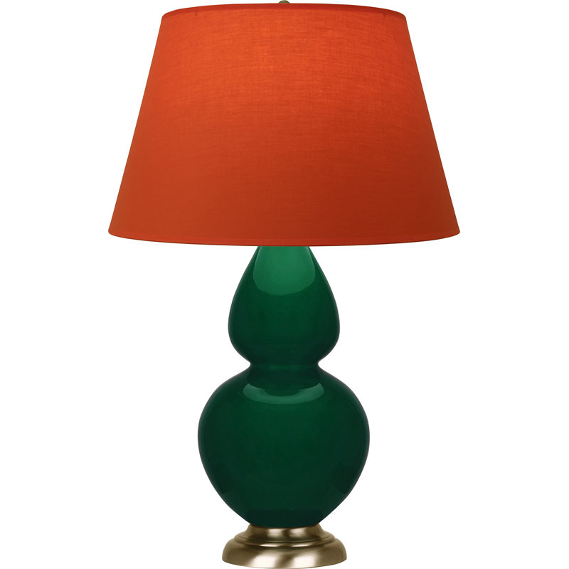 Lampe de table double gourde en céramique, Jungle glacé / laiton, Tangerine / doublure taupe, Laiton