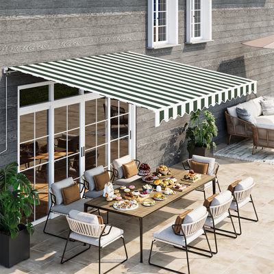 13x10FT Manual Retractable Awning, Full Opening Hand Crank Patio Canopy, Green & White Striped