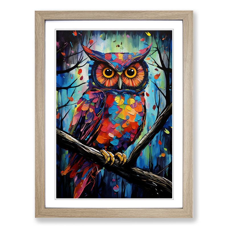 Owl Expressionism - Single Picture Frame Print on Wood, 46cm H x 34cm W x 2cm D, Oak Framed
