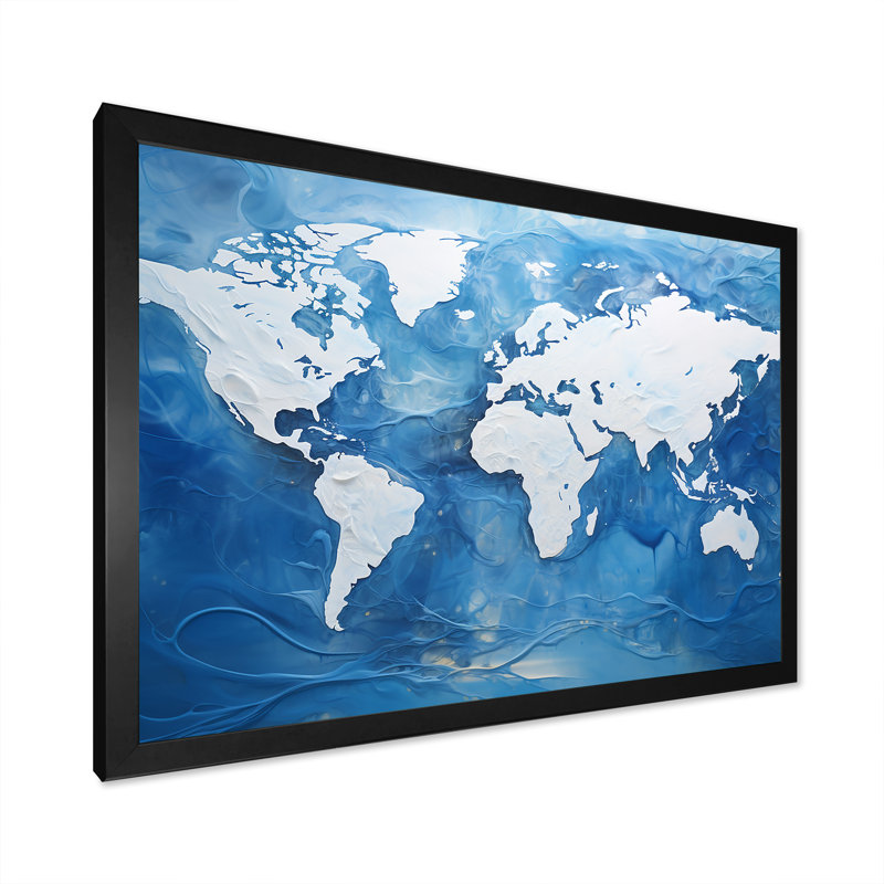 «Majestic Meridians Blue World Map I», reproduction sur toile, Cadre simple noir, H 16 po x l 32 po x P 1 po