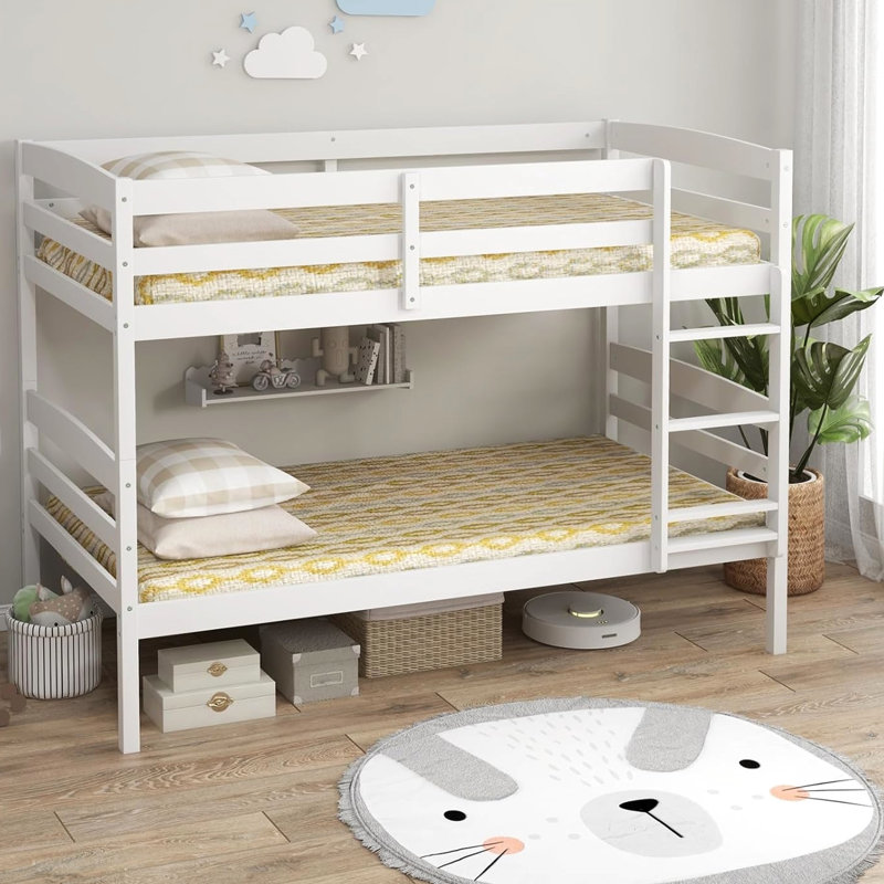 Lit superposé simple en bois massif de pin, conception convertible, ton blanc, garde-corps pleine longueur, intégré, sans sommier, lit de rangement de 11,81 po avec fonction détachable, économie d'espace en 3 étapes