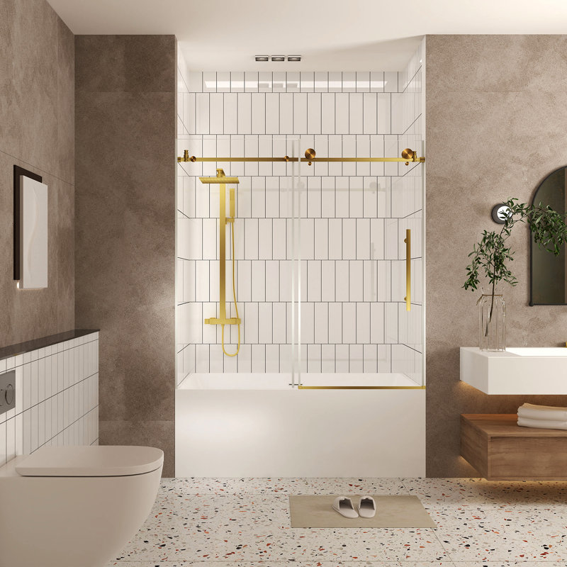 Frameless Shower Door 56-60 "W X 60" H, 1/4 "(6 Mm) Clear Tempered Glass, Reversible, Brushed Gold
