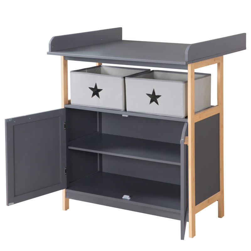 Berlin Unit Including Removable with Doors and Fabric Boxes, Handles and Frame Made of Bamboo Wood - Anthracite Changing Table