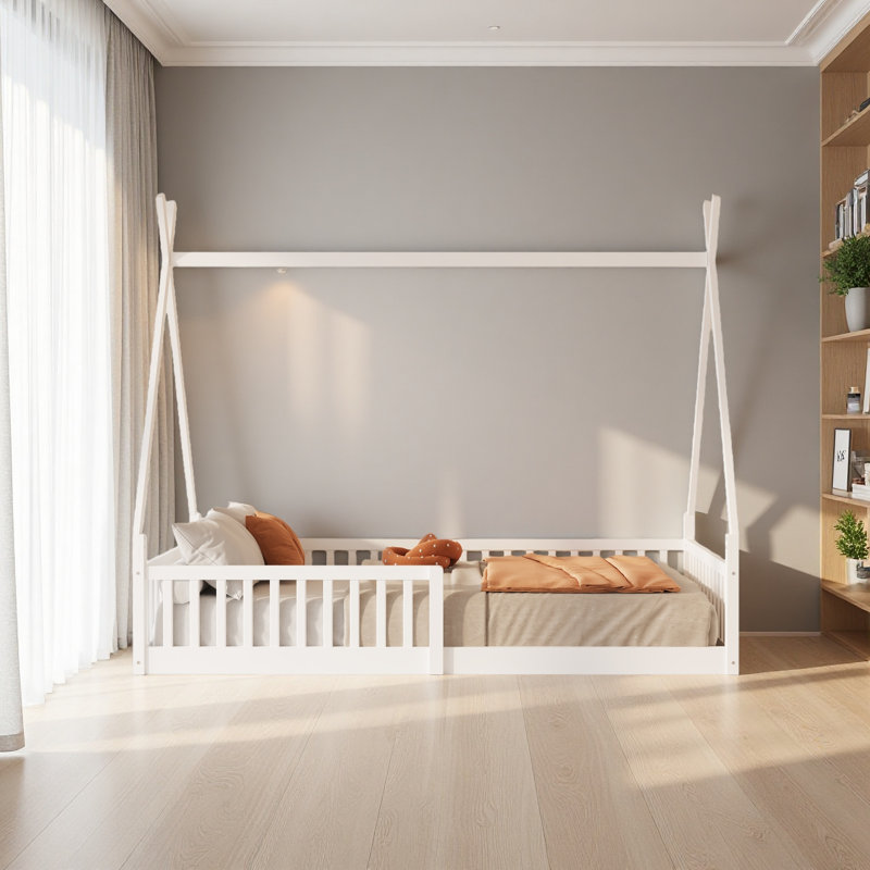 Twin Size Wood House Bed With Fence, White
