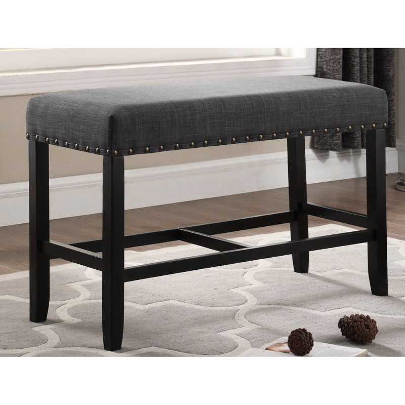 Banc de salle à manger à hauteur de comptoir en bleu avec mélange de tissu et garniture décorative revêtue de bois franc massif