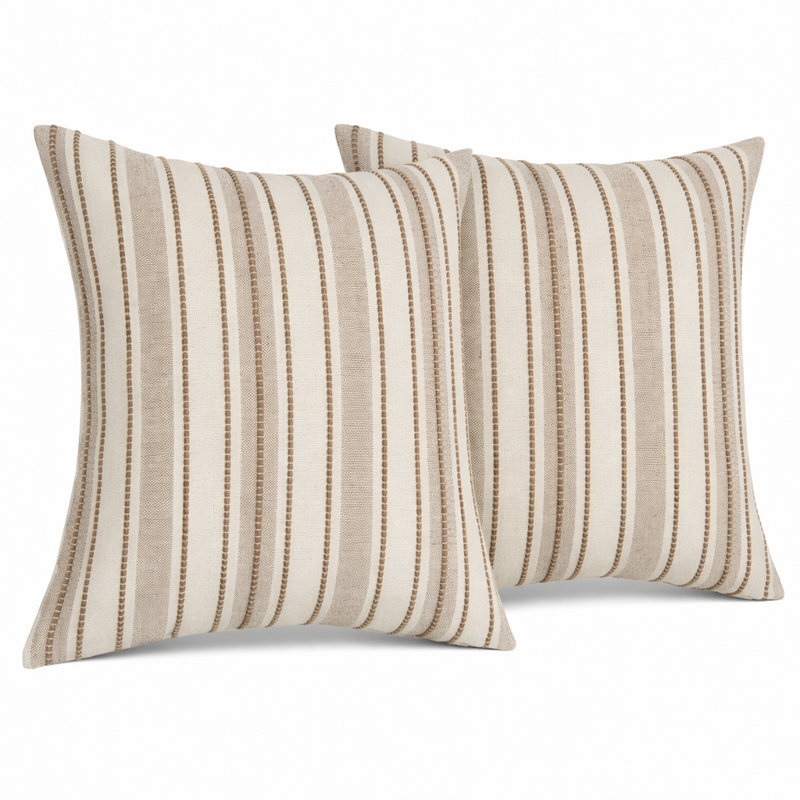 Housse de coussin décoratif à rayures verticales beige et crème 18 po x 18 po, paquet de 2, Ensemble 2 pièces, Beige
