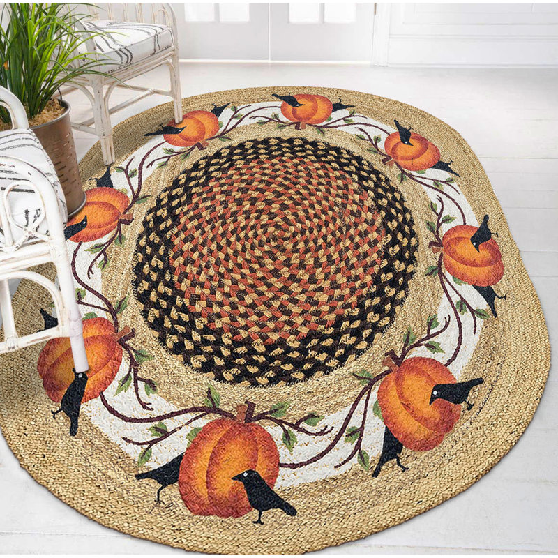 Tapis ovale en jute tissé à la machine beige / orange, Ovale 3 pi 11 po x 5 pi 11 po