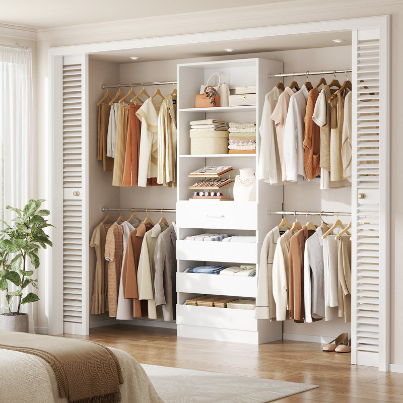 74" To 116" Width Adjustable Closet Organizer With 4 Drawers & 4 adjustable Rods, White