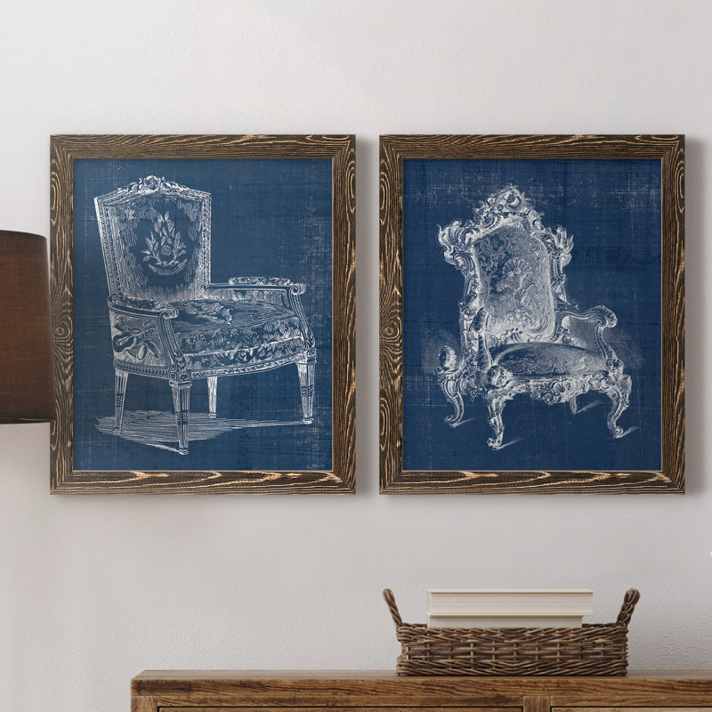 Antique Chair Blueprint I - ensemble de 2 impressions encadrées sur toile, Noyer, H 20 po x l 34 po x P 1,5 po
