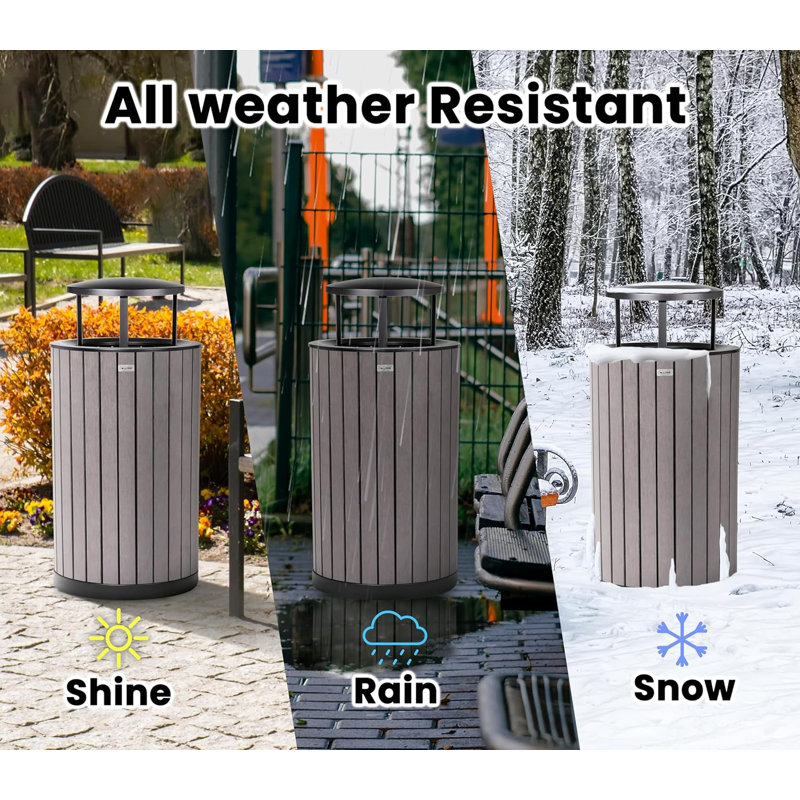 Poubelle ronde extérieure en acier inoxydable 32 gallons avec couvercle anti-pluie, gris