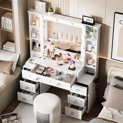 Coiffeuse avec lumières, miroir, 7 tiroirs, tabouret et luminosité - fonction réglable pour table pour femme, ports, contrôle, support pour sèche-cheveux, chambre à coucher