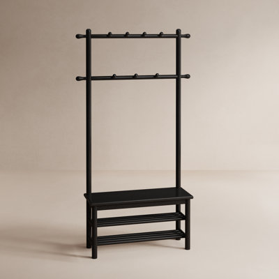 Aaryahi Solid Wood Hall Tree with Bench, Shoe Storage & 11 Hooks, Entryway Organizer
