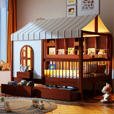 Lit House avec 2 grands tiroirs, bibliothèque latérale avec bande DEL