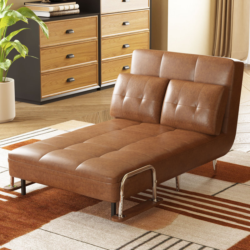 59 In. Mid Century Modern Cognac Faux Leather Convertible Sofa Bed With High Density Foam And Hidden Support Legs, Brown